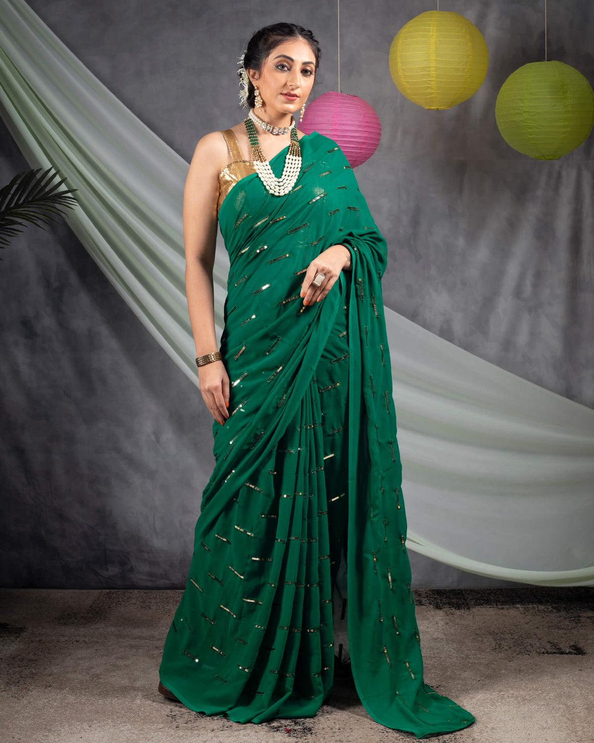 Sacramento Green Stripes Pattern Sequins Embroidery Georgette Saree
