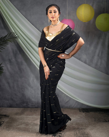 Black Stripes Pattern Sequins Embroidery Georgette Saree