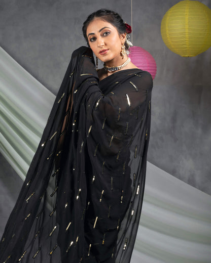 Black Stripes Pattern Sequins Embroidery Georgette Saree