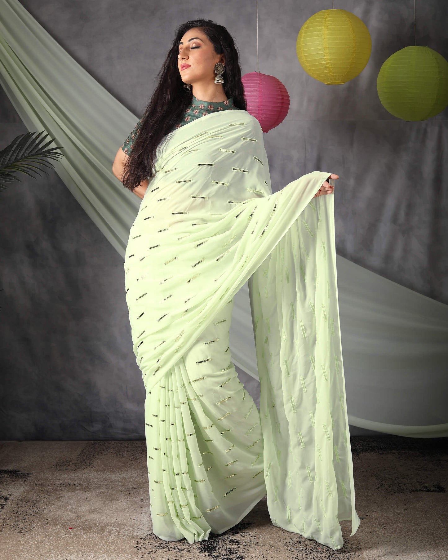 Tea Green Stripes Pattern Sequins Embroidery Georgette Saree