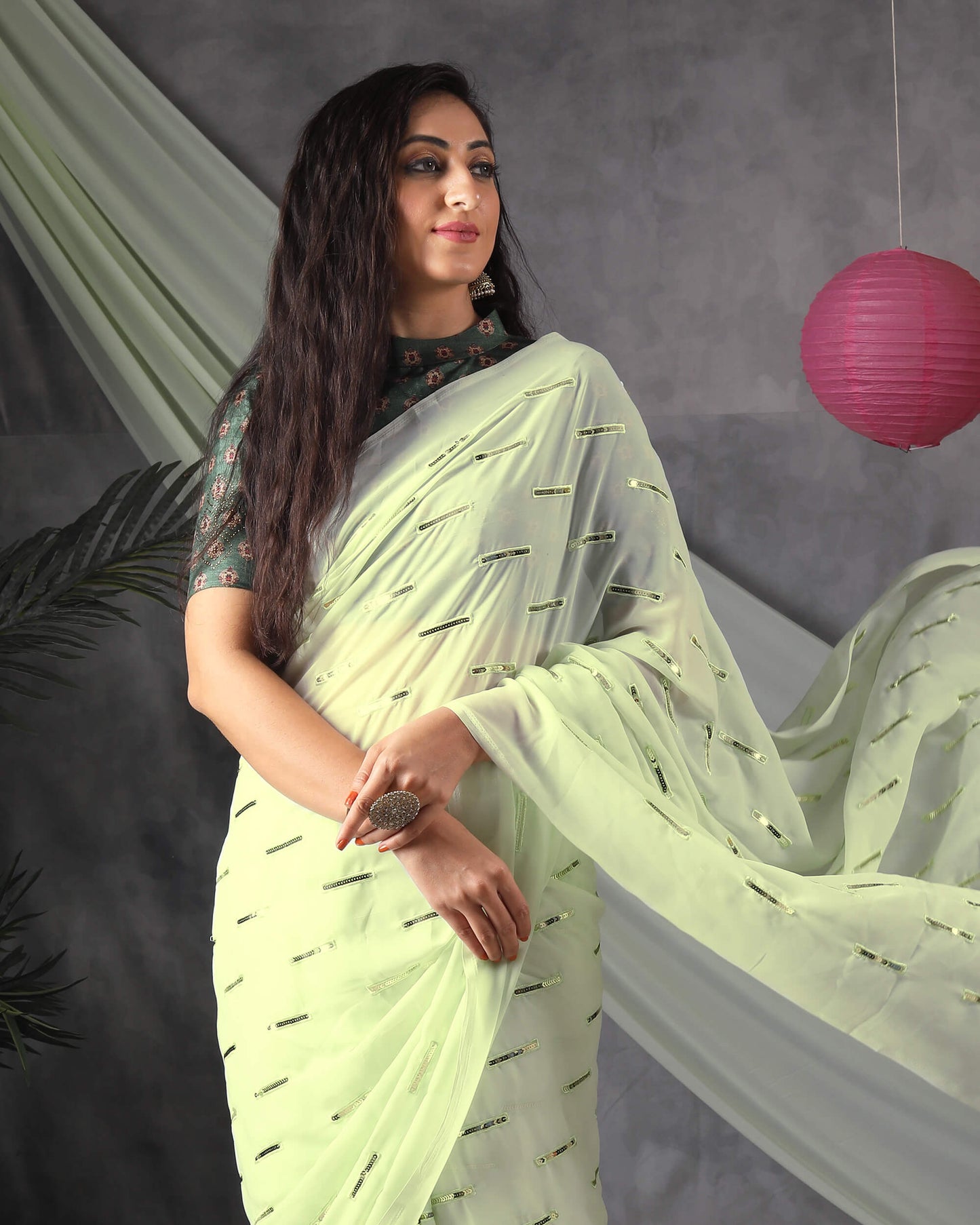 Tea Green Stripes Pattern Sequins Embroidery Georgette Saree