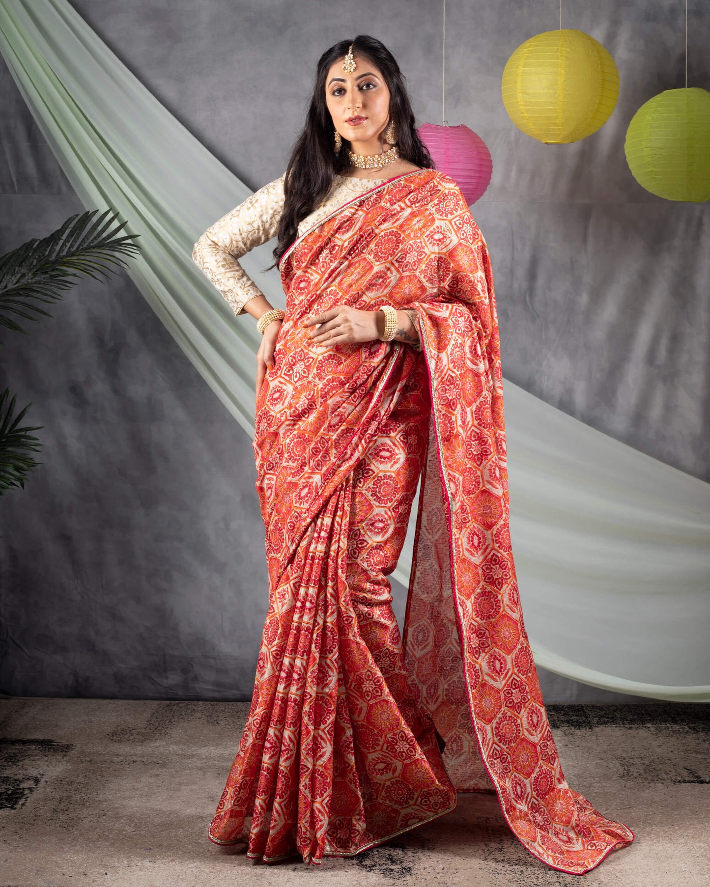 Red And Orange Traditional Pattern Foil Print Kota Doria Saree With Zari Lace Border