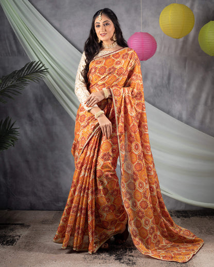 Orange And Red Traditional Pattern Foil Print Kota Doria Saree With Zari Lace Border