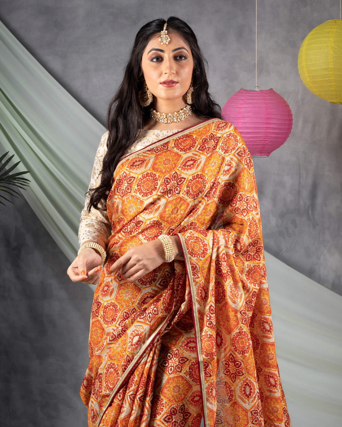 Orange And Red Traditional Pattern Foil Print Kota Doria Saree With Zari Lace Border