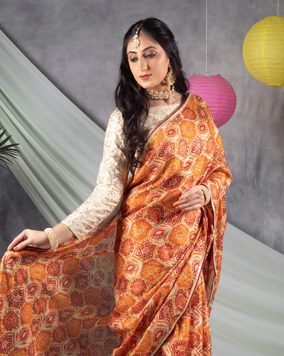 Orange And Red Traditional Pattern Foil Print Kota Doria Saree With Zari Lace Border