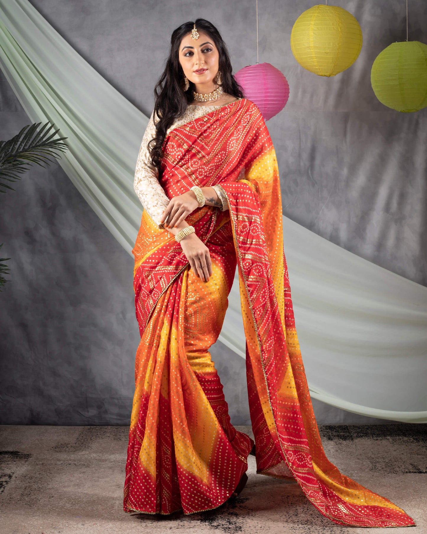 Red And Yellow Bandhani Pattern Foil Print Kota Doria Saree With Zari Lace Border