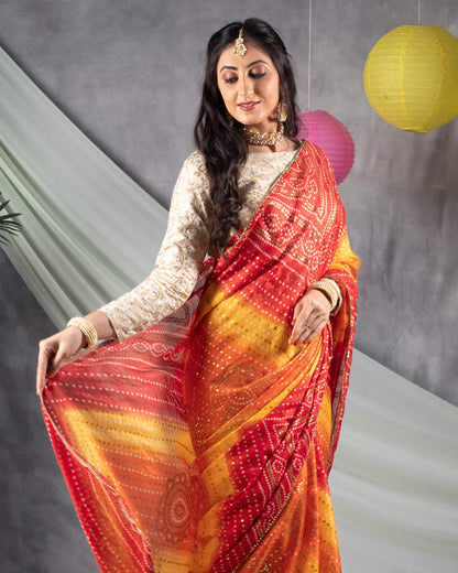 Red And Yellow Bandhanii Pattern Foil Print Kota Doria Saree With Zari Lace Border