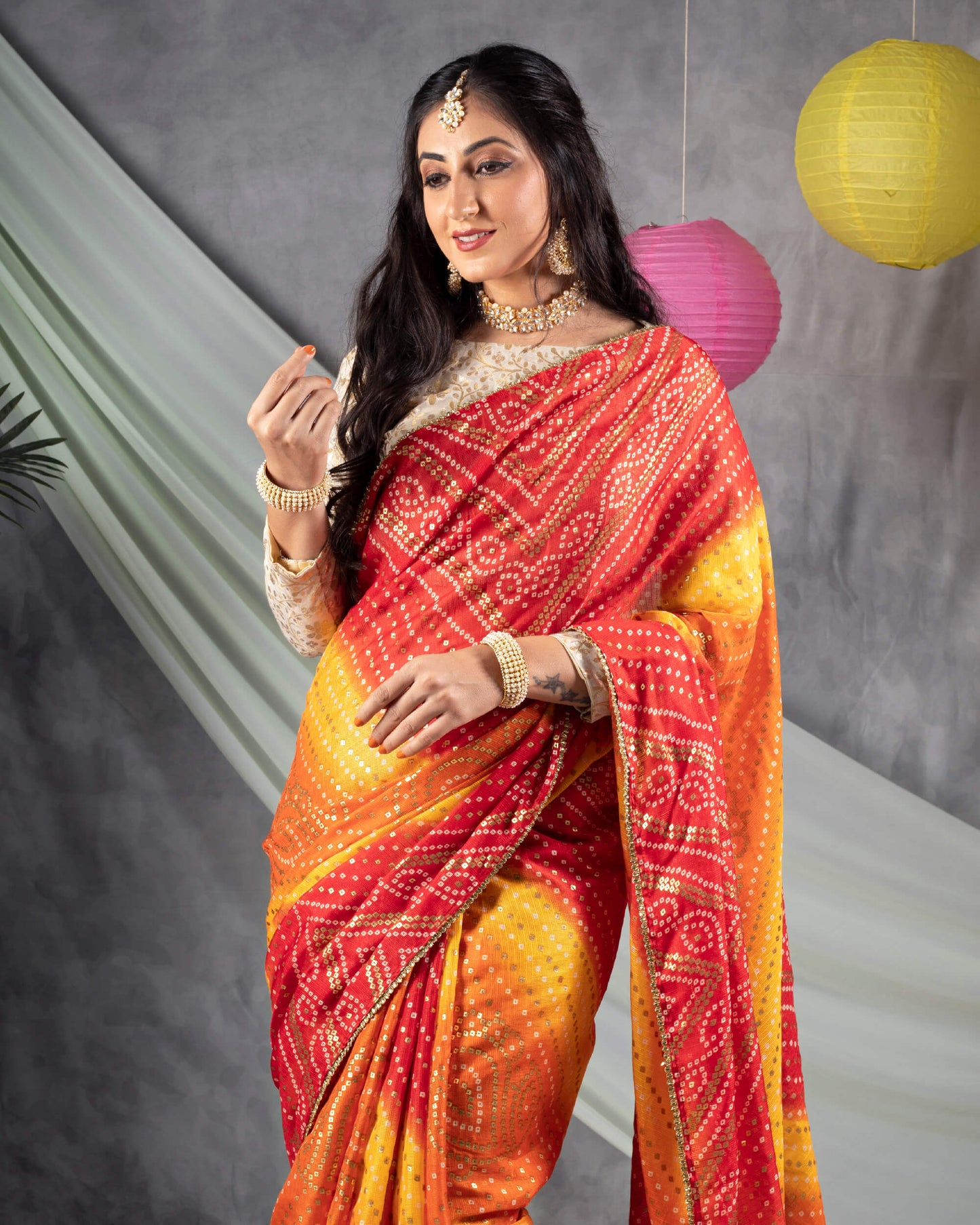 Red And Yellow Bandhani Pattern Foil Print Kota Doria Saree With Zari Lace Border