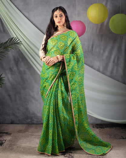 Green And Yellow Bandhanii Pattern Screen Print Kota Doria Saree With Zari Lace Border