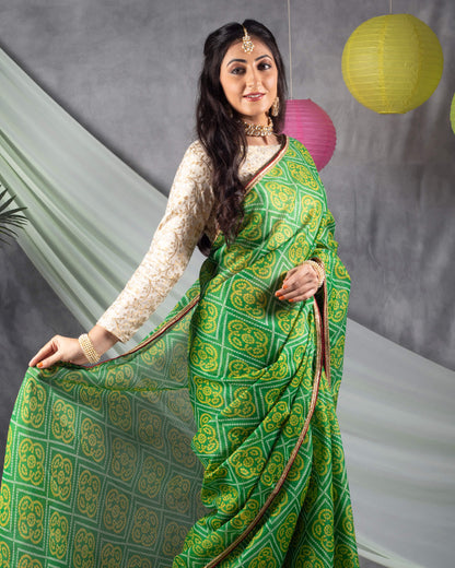 Green And Yellow Bandhanii Pattern Screen Print Kota Doria Saree With Zari Lace Border