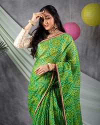 Green And Yellow Bandhanii Pattern Screen Print Kota Doria Saree With Zari Lace Border