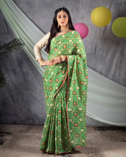 Green And Red Bandhanii Pattern Screen Print Kota Doria Saree With Gota Patti Work Lace Border
