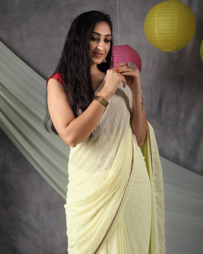 Pastel Yellow Leheriya Golden Dew Drops Georgette Saree With Zari Lace Border