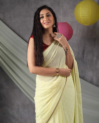 Pastel Yellow Leheriya Golden Dew Drops Georgette Saree With Zari Lace Border