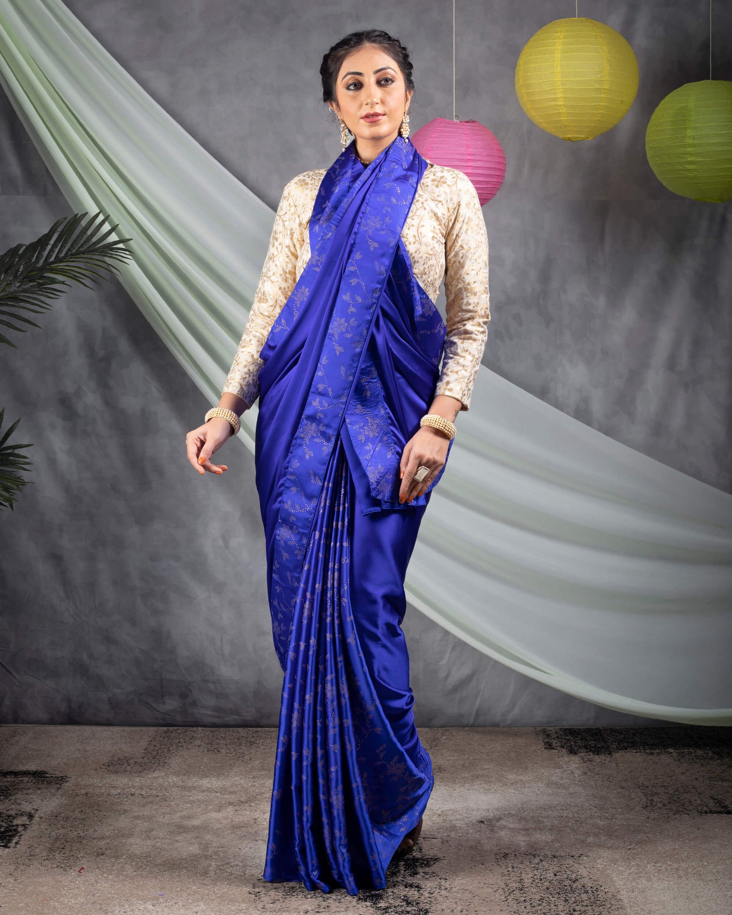 Royal Blue Plain Japan Satin Saree With Dew Drops Work Lace Border