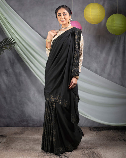 Black Plain Japan Satin Saree With Dew Drops Work Lace Border