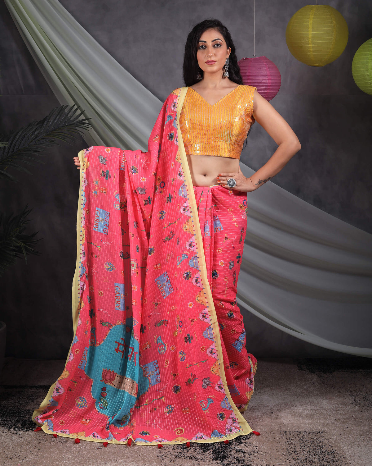 Brick Pink And Blue Quirky Pattern Premium Sequins Georgette Saree With Tassels
