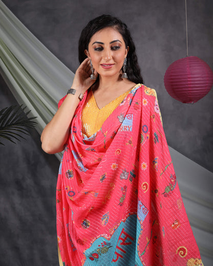 Brick Pink And Blue Quirky Pattern Premium Sequins Georgette Saree With Tassels