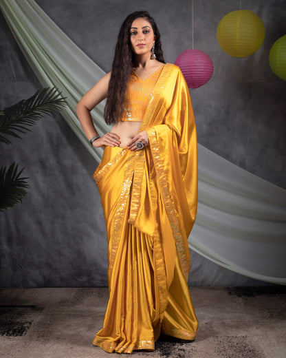 Mustard Yellow Plain Japan Satin Saree With Rainbow Sequins Lace Border