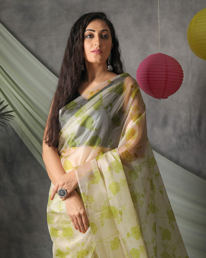 Moss Green And Off White Floral Pattern Shimmer Tisshu Saree With Tassels