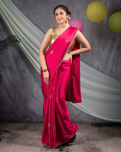 Cerise Pink Geometric Premium Swarovski Hand Work Japan Satin Saree With Stone Work Lace Border