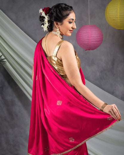 Cerise Pink Geometric Premium Swarovski Hand Work Japan Satin Saree With Stone Work Lace Border