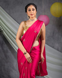 Cerise Pink Geometric Premium Swarovski Hand Work Japan Satin Saree With Stone Work Lace Border