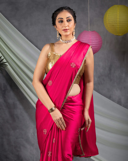 Cerise Pink Geometric Premium Swarovski Hand Work Japan Satin Saree With Stone Work Lace Border