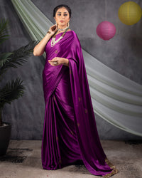 Wine Purple Leaf Premium Swarovski Hand Work Japan Satin Saree With Zari Sequins Lace Border