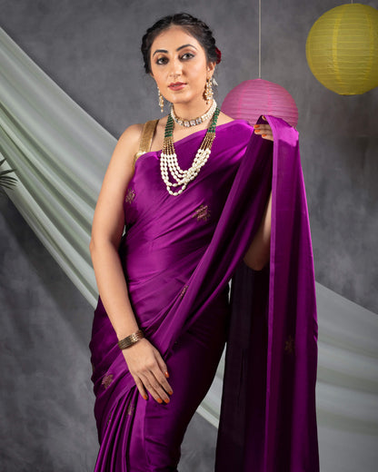 Wine Purple Leaf Premium Swarovski Hand Work Japan Satin Saree With Zari Sequins Lace Border