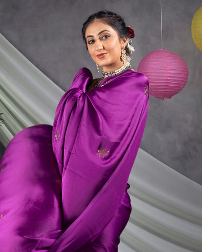 Wine Purple Leaf Premium Swarovski Hand Work Japan Satin Saree With Zari Sequins Lace Border
