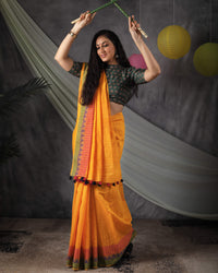Fire Yellow And Magenta Pink Traditional Pattern With Spun Dupion Border Handloom Chanderi Slub Saree With Tassles