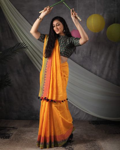 Fire Yellow And Magenta Pink Traditional Pattern With Spun Dupion Border Handloom Chanderi Slub Saree With Tassles