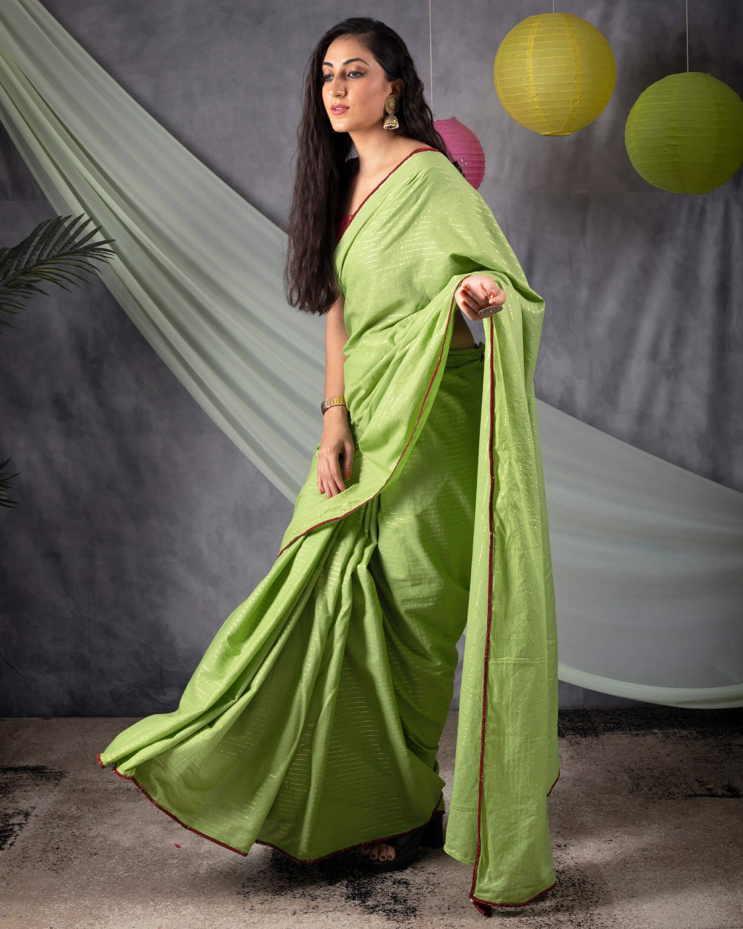 Pistachio Green And Golden Stripes Pattern Plain Cotton Lurex Saree With Lace Border