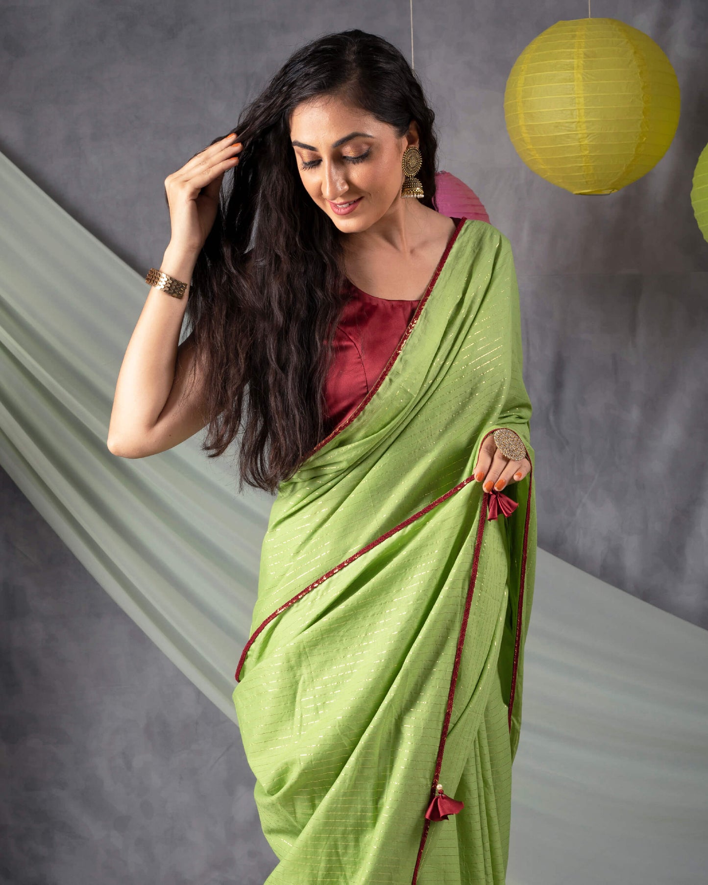 Pistachio Green And Golden Stripes Pattern Plain Cotton Lurex Saree With Lace Border