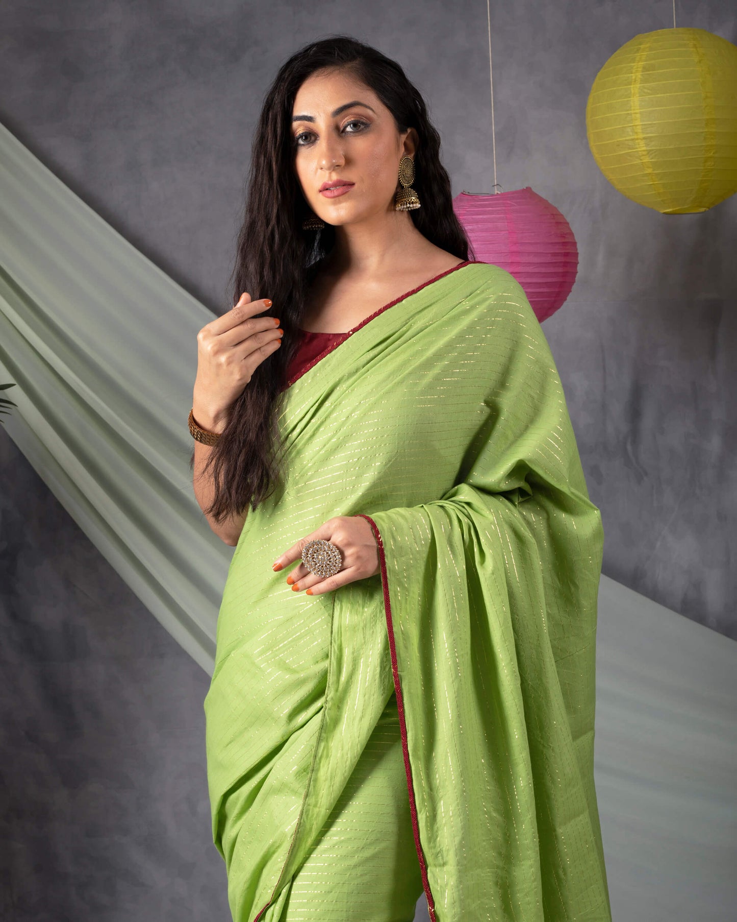 Pistachio Green And Golden Stripes Pattern Plain Cotton Lurex Saree With Lace Border