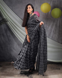 Black And White Traditional Pattern Booti Sequins Digital Print Liquid Organza Saree With Tassles