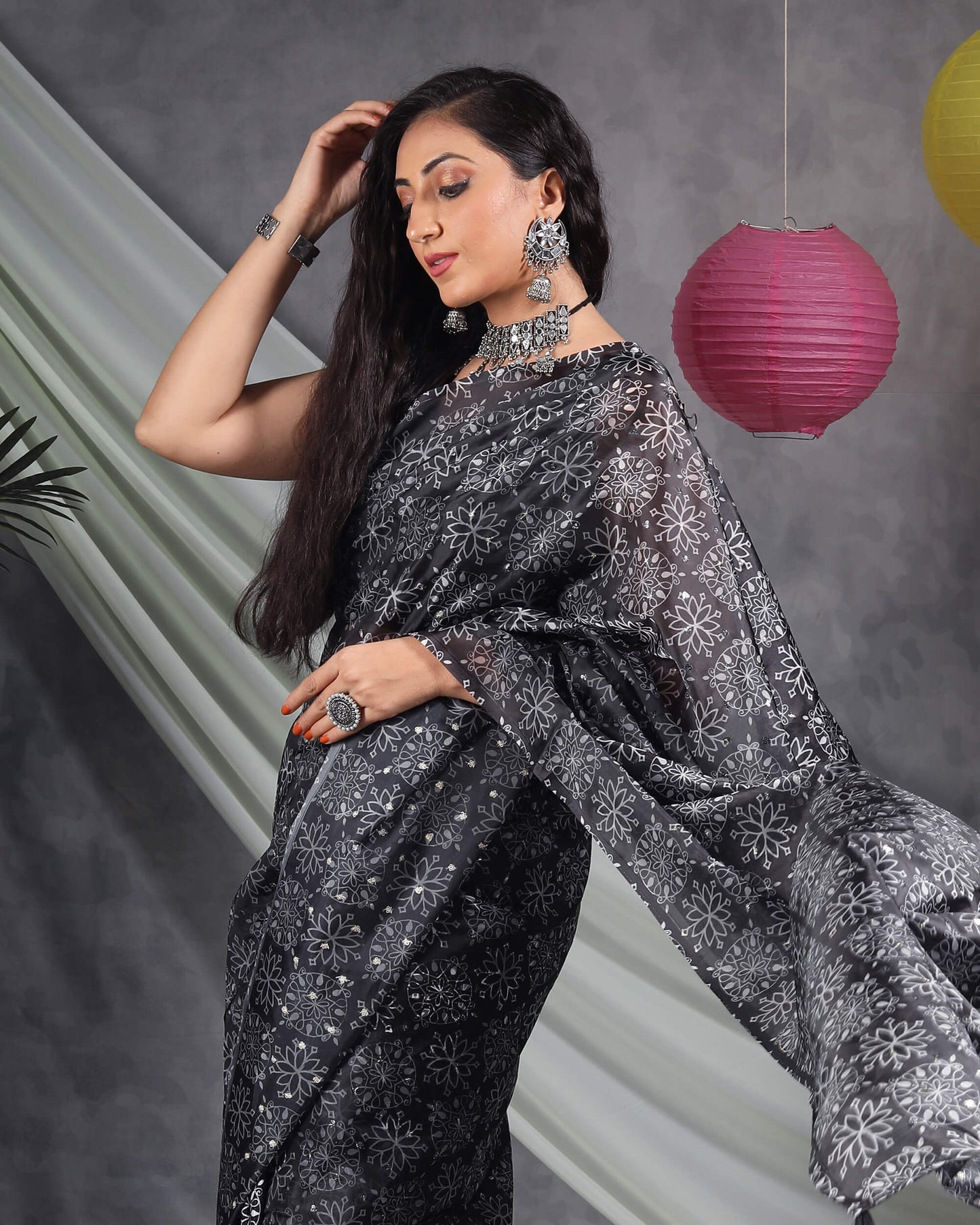 Black And White Traditional Pattern Booti Sequins Digital Print Liquid Organza Saree With Tassles