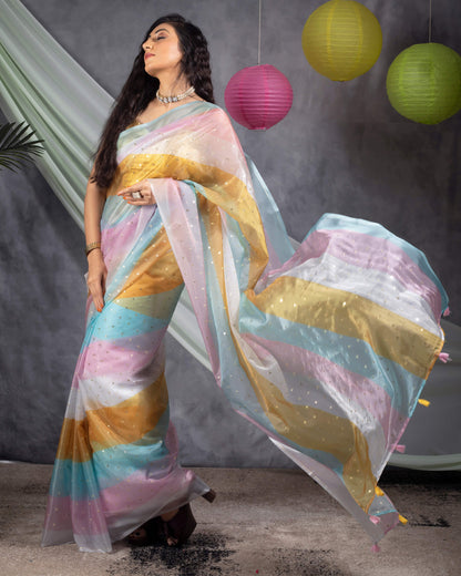 Yellow And Baby Pink Stripes Pattern Booti Sequins Digital Print Liquid Organza Saree With Tassles