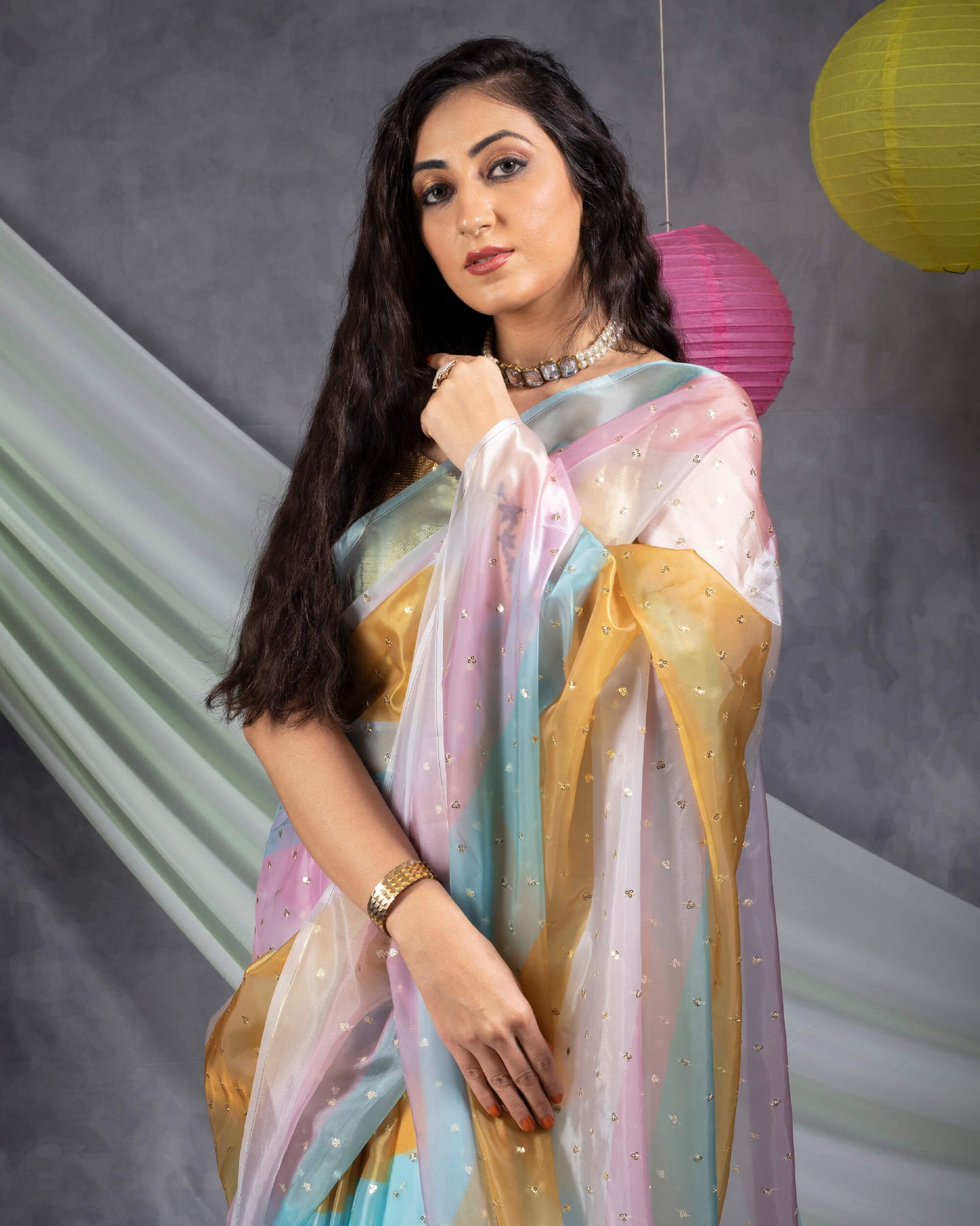 Yellow And Baby Pink Stripes Pattern Booti Sequins Digital Print Liquid Organza Saree With Tassles