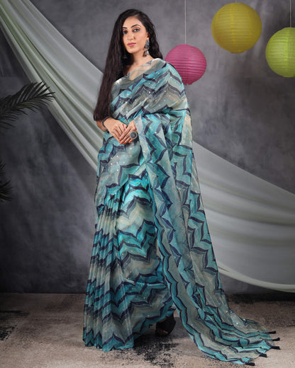 Blue And White Chevron Pattern Booti Sequins Digital Print Liquid Organza Saree With Tassles