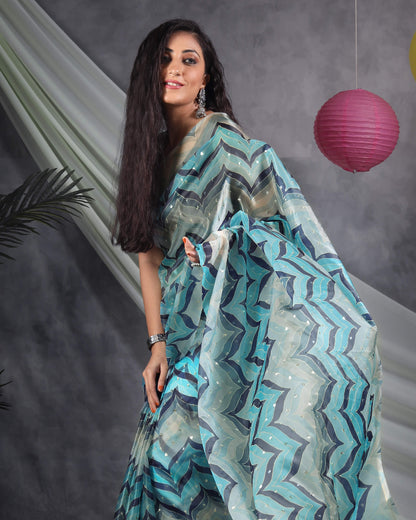 Blue And White Chevron Pattern Booti Sequins Digital Print Liquid Organza Saree With Tassles