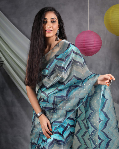 Blue And White Chevron Pattern Booti Sequins Digital Print Liquid Organza Saree With Tassles