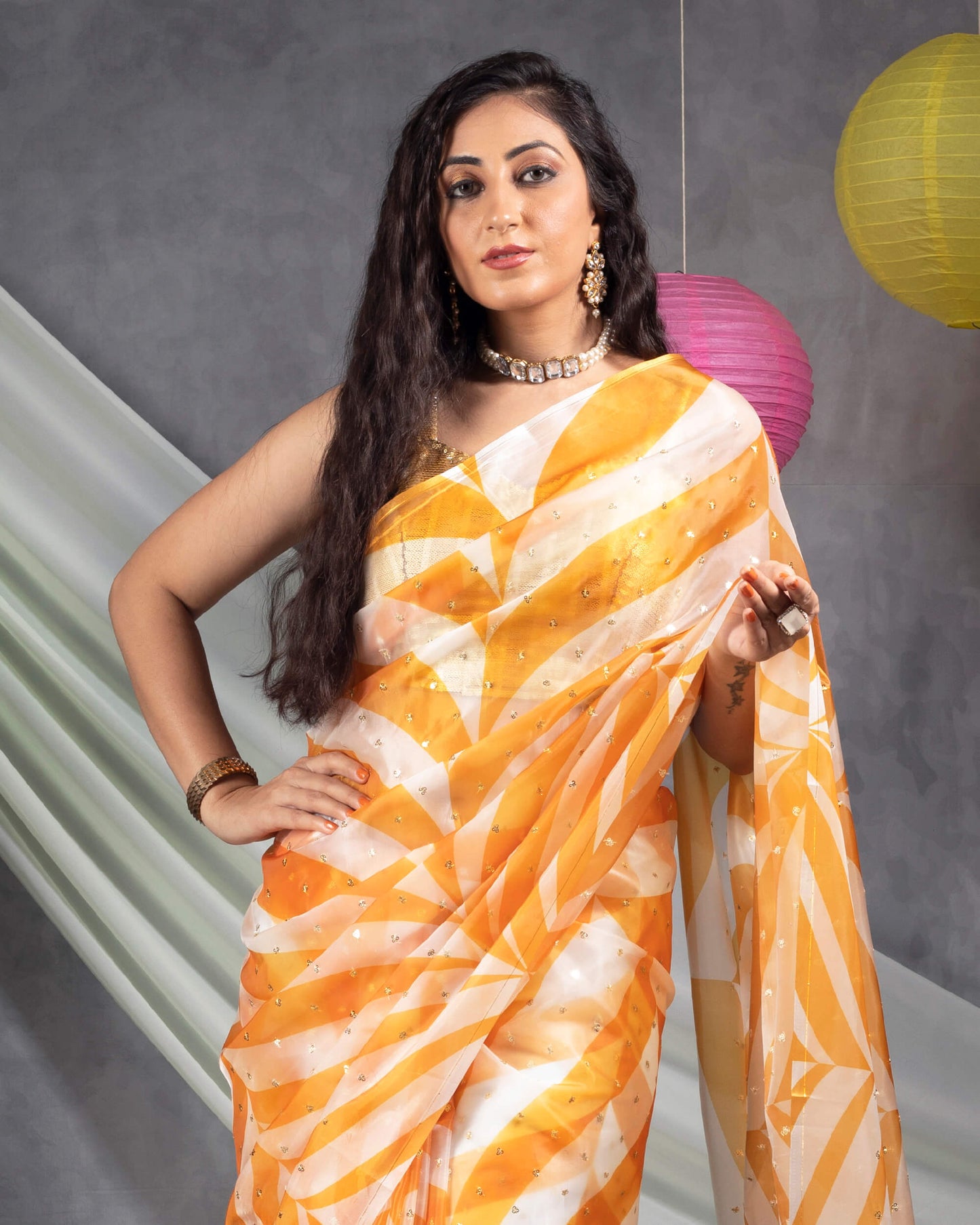 Butter Yellow And White Abstract Pattern Booti Sequins Digital Print Liquid Organza Saree With Tassles