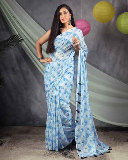 Blue And White Shiiborii Pattern Digital Print Water Lurex Chiffon Saree With Tassels