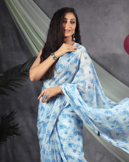 Blue And White Shiiborii Pattern Digital Print Water Lurex Chiffon Saree With Tassels