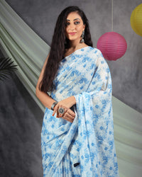 Blue And White Shiiborii Pattern Digital Print Water Lurex Chiffon Saree With Tassels