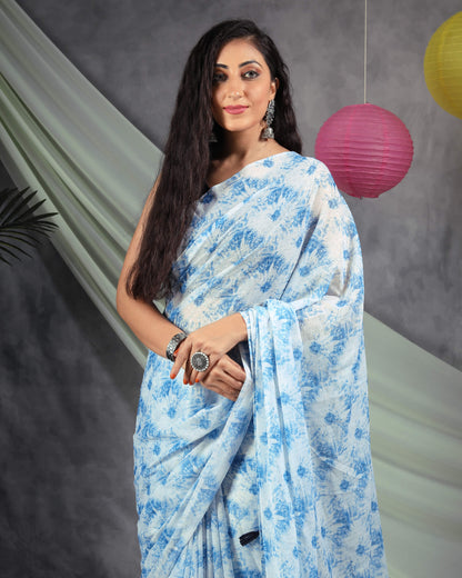 Blue And White Shiiborii Pattern Digital Print Water Lurex Chiffon Saree With Tassels