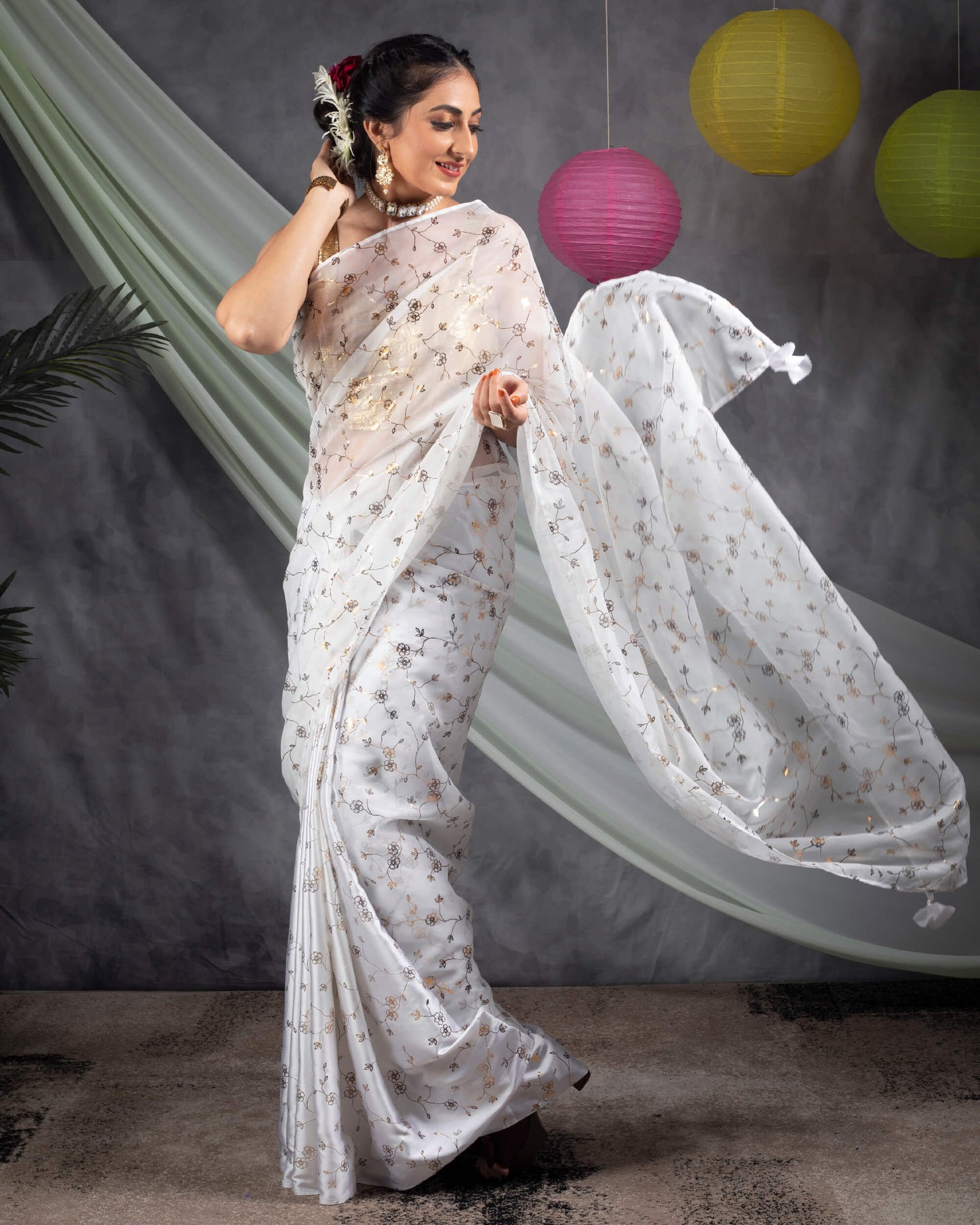 White Floral Pattern Half Golden Foil Print Organza Saree With Tassles