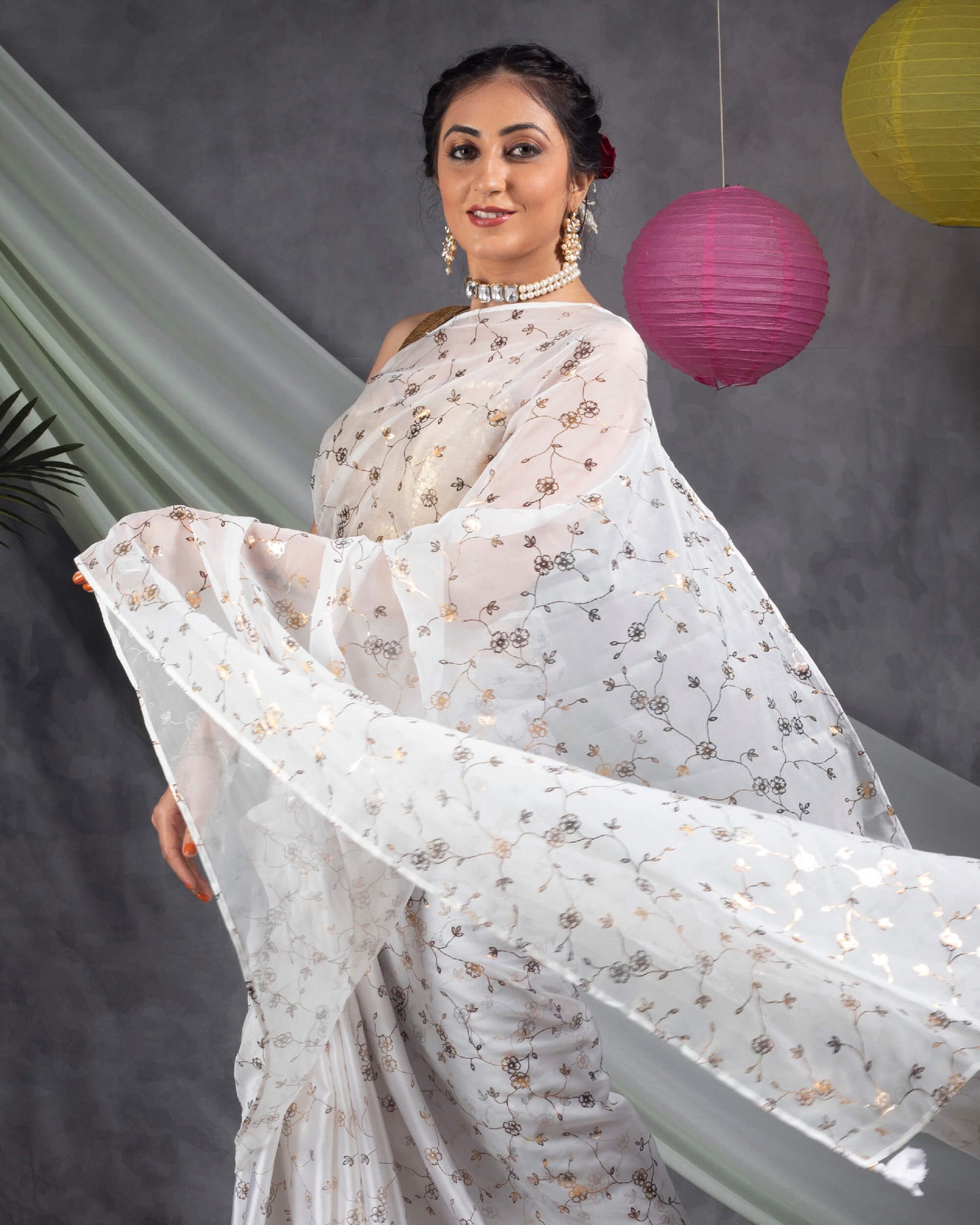 White Floral Pattern Half Golden Foil Print Organza Saree With Tassles